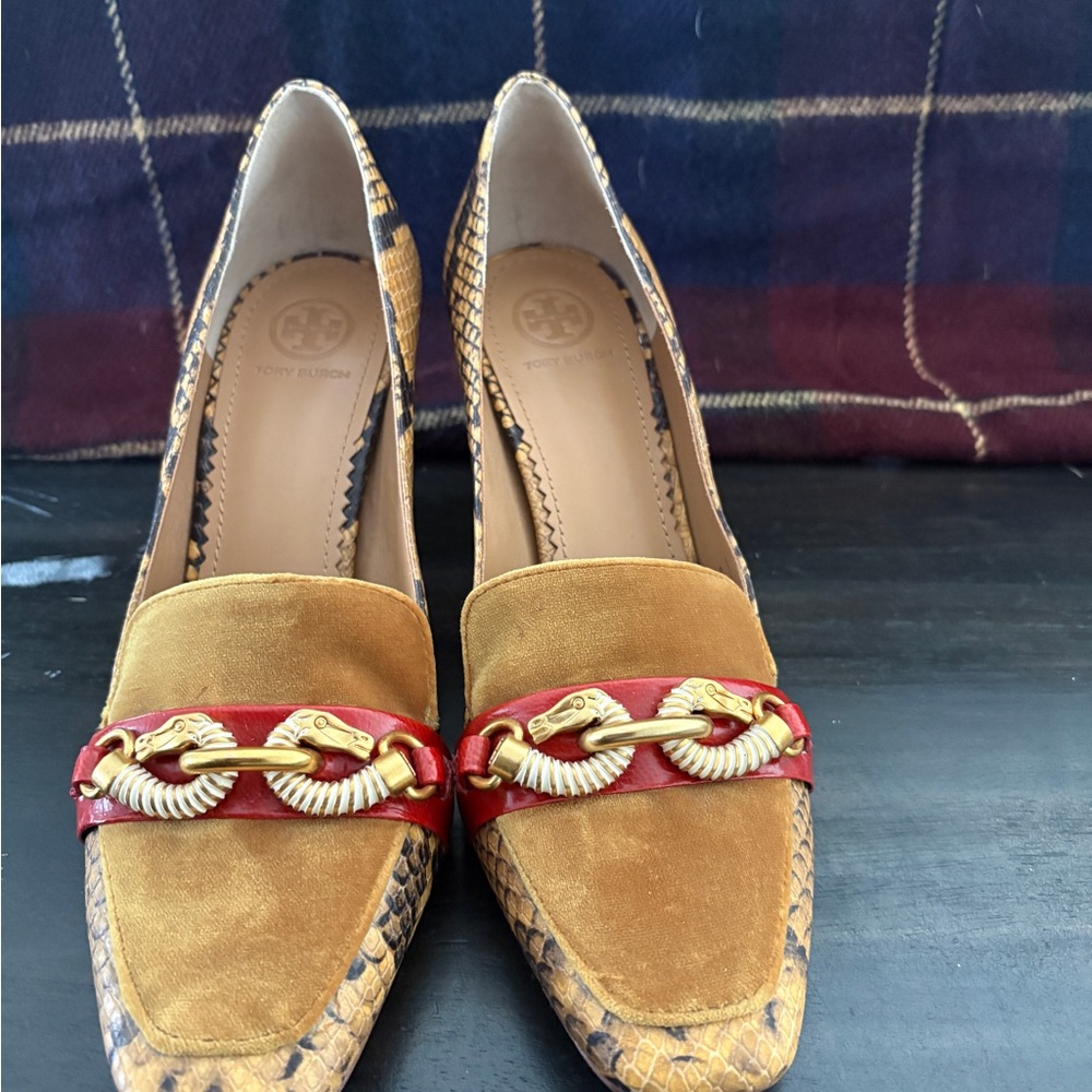 Tory Burch Snakeskin and Gold Heels with Red Accent